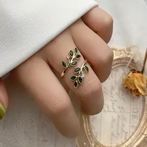2026 European/Japanese/Korean, gorgeous copper ring, leaf creative opening ring
