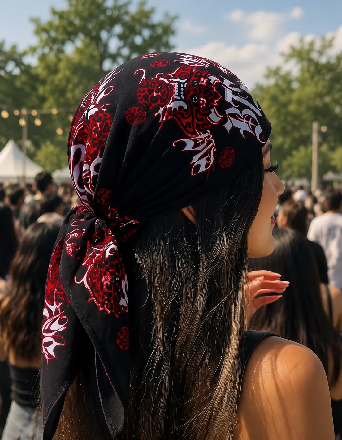 Red & Black Bandana Head Scarf, Festival Hair Wrap, Boho Headscarf for Women