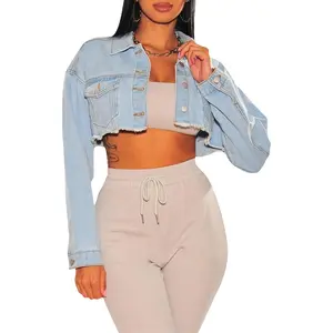 Cropped Denim Jackets for Women Long Sleeve Destroyed Wash Jean Jackets