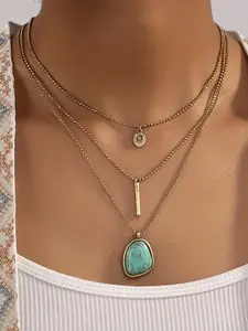 Boho Style Turquoise Texture Geometric Design Pendant Necklace Zinc Alloy Material, Fashion Jewelry for Party, Daily Clothing Decor, Trendy 3 Layers Triple Layer Jewelry for Birthday Gift