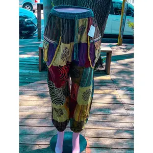 Boho Patchwork Pants with Pockets - Green Multicolor Festival Pants, Hippie Lounge Pants, Elastic Waistband, Handmade Casual Wear