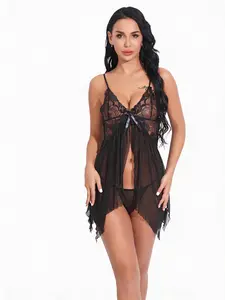 Ugreat Women Plus Size Lingerie Babydoll Dress Lace Chemise Sleepwear Mesh Nightgown with Thong V Floral Sexy night gown women Soft Womenswear   Curvy Black Fabric night gown for women