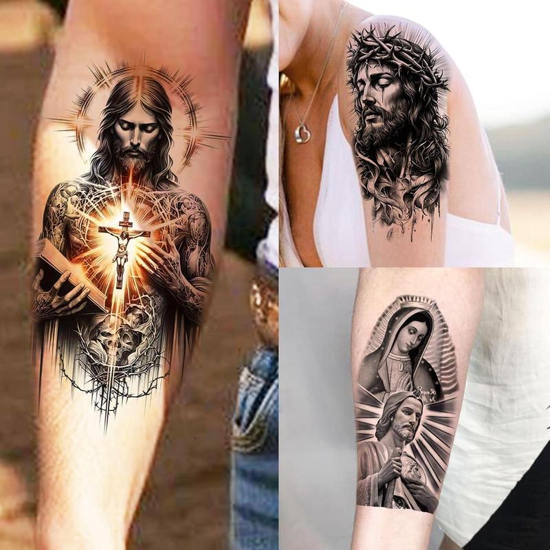 73 Sheets God Jesus Christ Temporary Tattoos For Men Adults, Religious Cross Prayer Half Arm Sleeve Tattoos For Women Rose Flower, Temp Christian Faith Belief Family Fake Tattoo Stickers Halloween