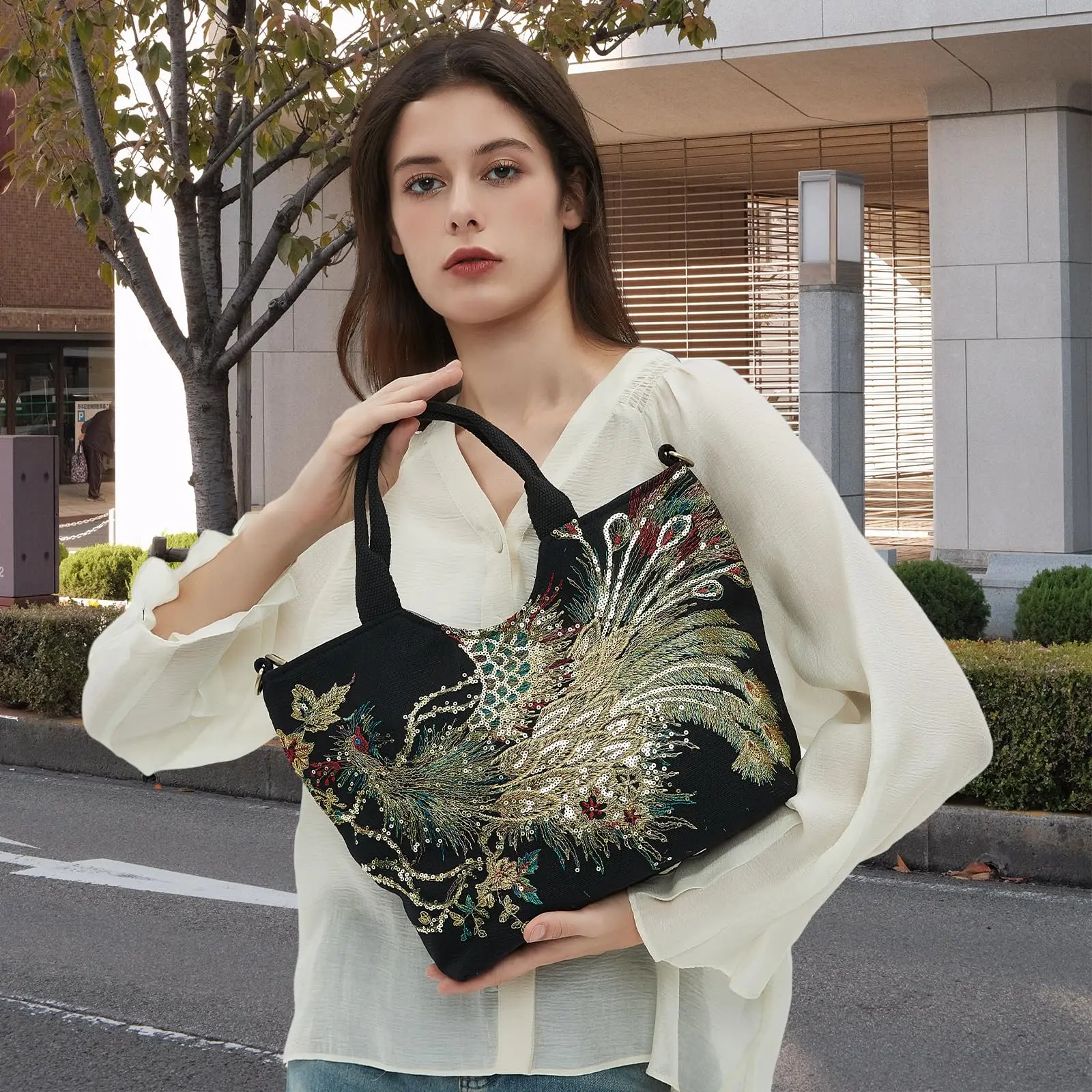 Casual Tote Bag for Women, Handmade Red Embroidered Phoenix Convertible Crossbody with Double Handle, Tote Crossbody
