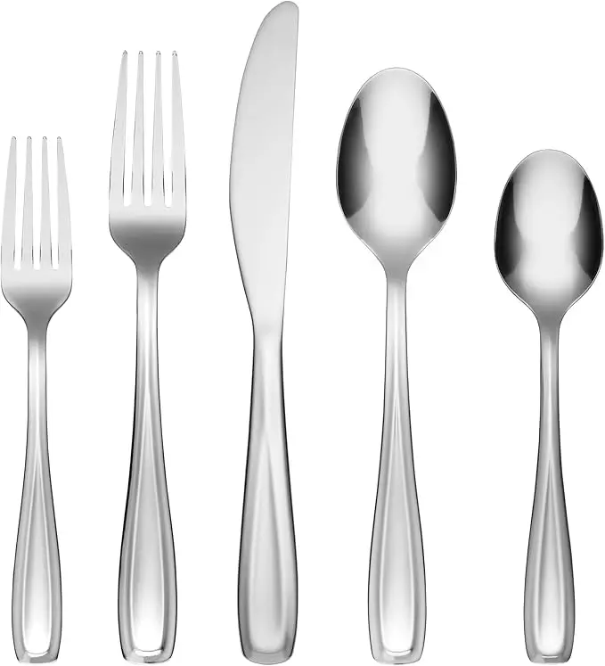 Cambridge 426540CBWR Waylen Mirror Classic 40-Piece 18-0 Stainless Steel Cutlery Set with Rustic Caddy, Tableware for Kitchen Use