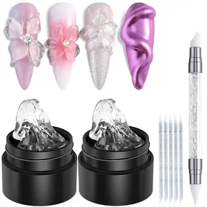 2PCS 3D Sculpting Gel Clear Kit with Silicone Pen - Salon Grade Non-Sticky Carving Gel for Nails, Precise 3D Flower Modeling, High Shine Long Lasting Nail Art Supplies