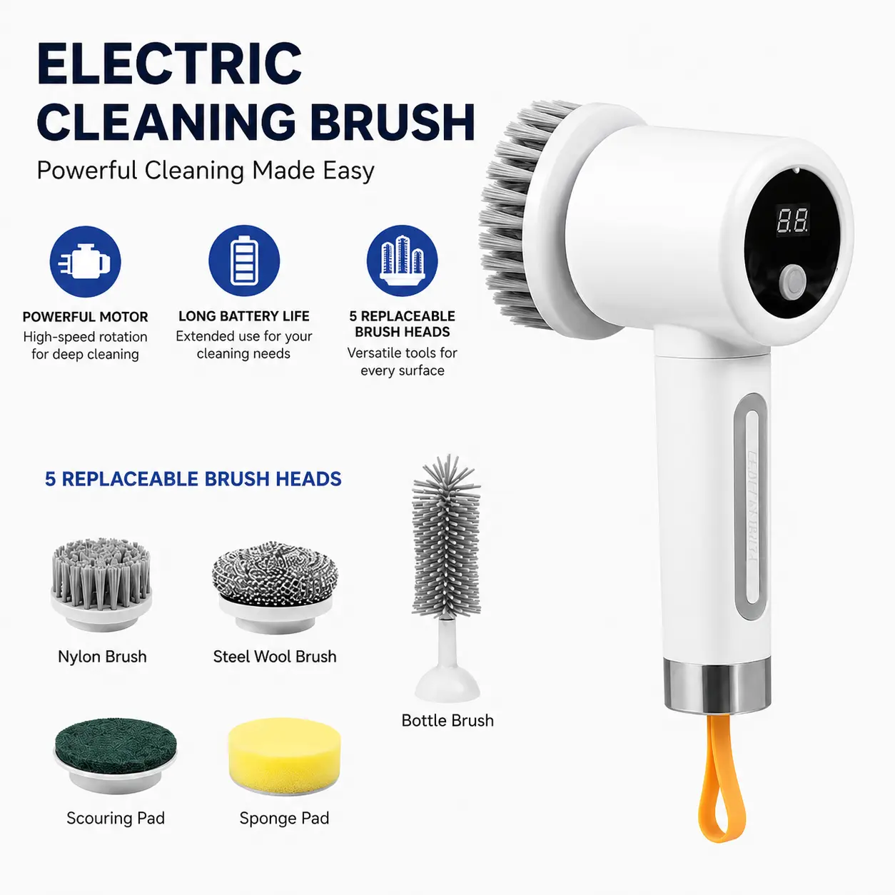Alano 5-in-1 Wireless Electric Spin Scrubber, Plastic Rechargeable Battery Cordless High-Torque Handheld Cleaning Brush, USB Cable, Ergonomic Design, Waterproof Body, Long Battery Life for Deep Cleaning Bathroom, Kitchen, Cordless Freedom