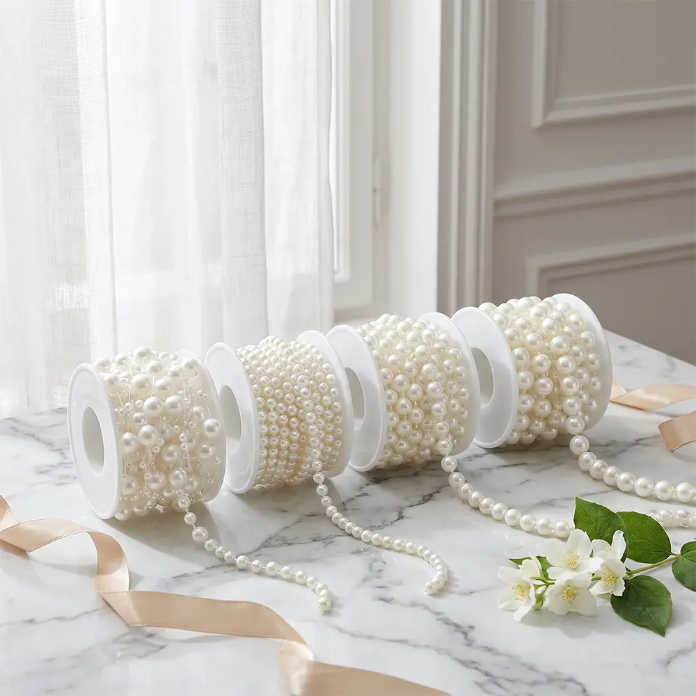4 Rolls Faux Pearl Beads Garland, Faux Pearl Beads Roll Strand for Crafts, Artificial Pearl Strand Beaded Wire, Suitable for Wedding, Party, Flower, Holiday Decoration (4Mm/6Mm/8Mm/8+3Mm)