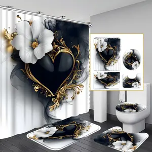 1pc/4pcs 2D Flat Heart-Shaped Floral Pattern Multi-Color Background Shower Curtain, Modern and Personalized Home Bathroom Art Decoration, Shower Curtain Set with 12 Hooks, Bathroom Non-Slip Mat, Toilet Seat Cover, Holiday Decoration