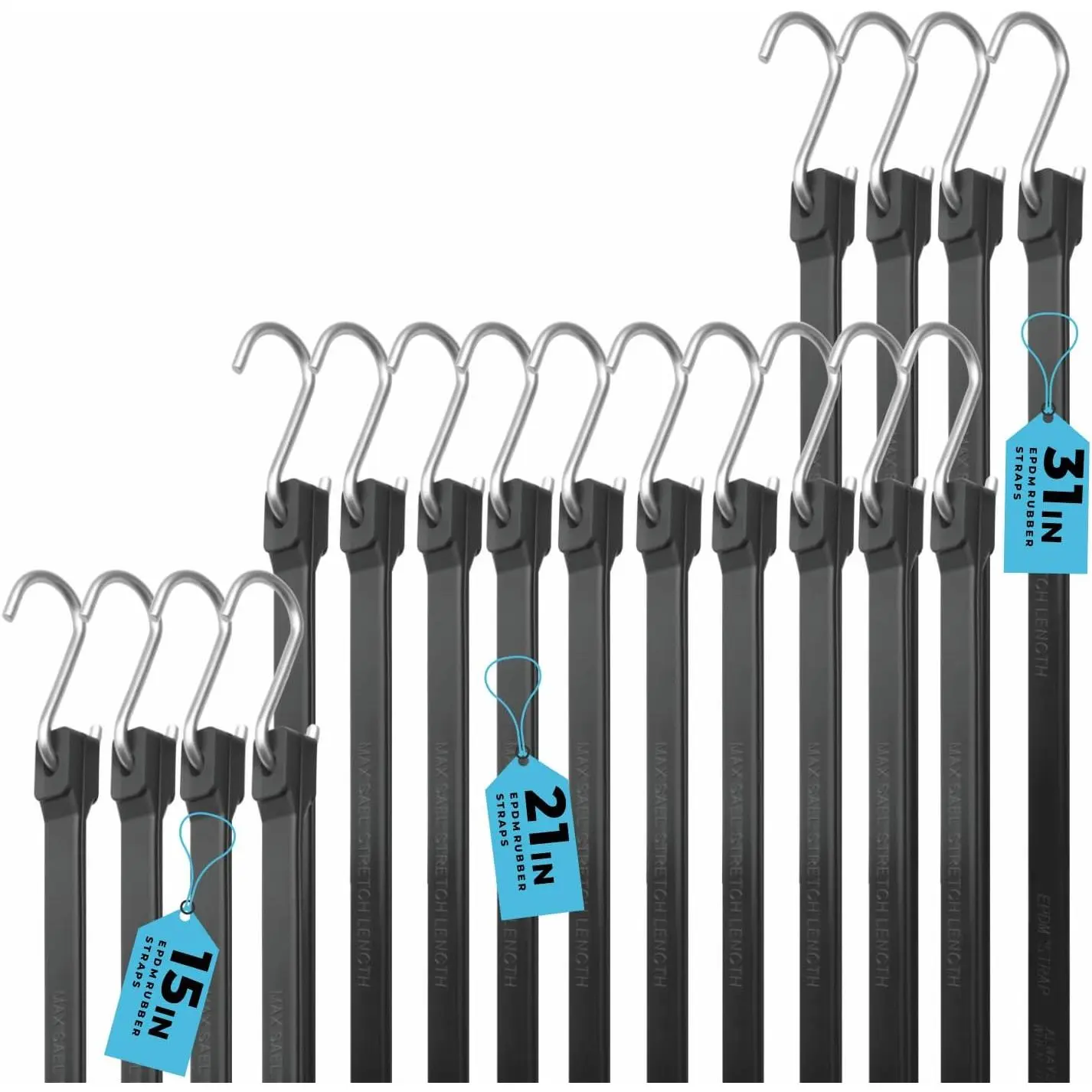 Heavy-Duty Metal S-Hook Natural Rubber Tarp Bungee Straps, 21-Piece All-Seasons Weatherproof Tie Downs (15 in) for Indoor/Outdoor Cargo Securing, Tarp Covers