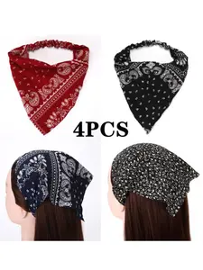 4-Pack Women's Headscarves, Bohemian Style Triangle Scarves, Paisley Print Hairbands, Fashionable Accessory Set, Trendy Headwear