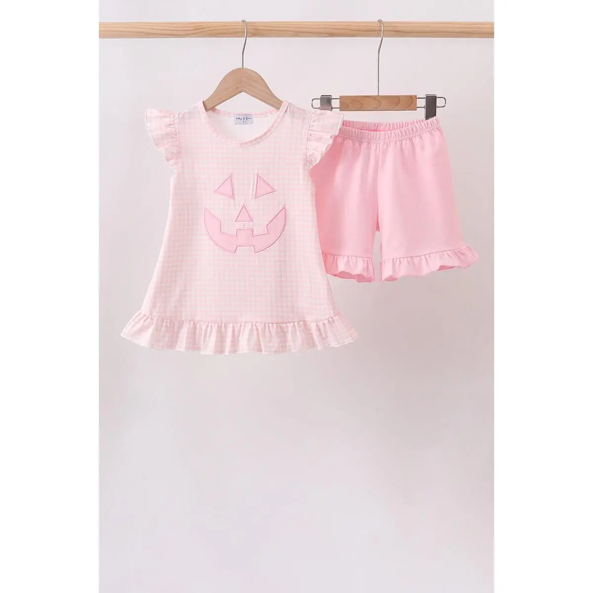 Pink Jack-O-Lantern  Applique Ruffle Shorts Set