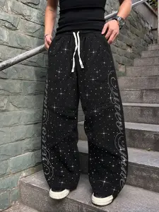 Unisex Starry Diamond Letter Wide Leg Pants, American High Street Y2K Style, Loose Drawstring Long Pants, Couple Fall Winter Streetwear
