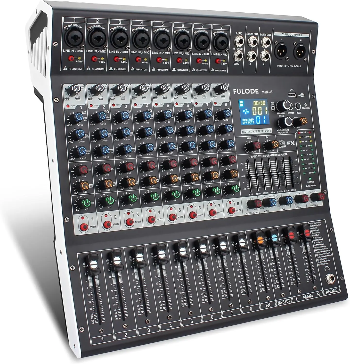 8-Channel Professional Pre-Built Amplifier Enclosure Mixer - Mini Wireless Audio Console, 99 Bit DSP Processor, 99dseffects, USB-A, MP3 Compatibility, XLR Mic Jack, 48V Phantom Power, RCA I/O, Headphone Support, Mobile/PC Plug-In, DJ Use, Parties