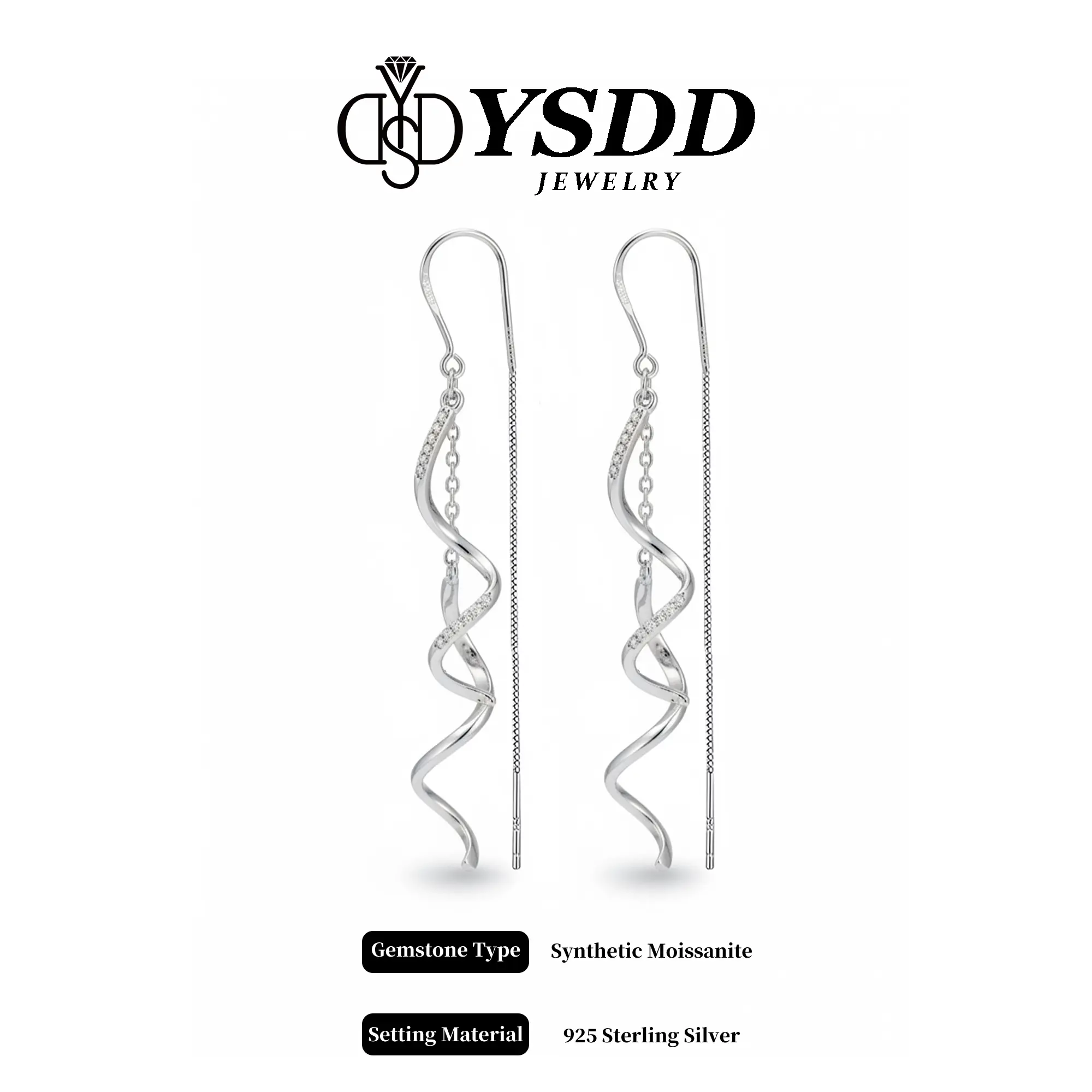 【#647 Infinity Earring】Elegant 5cm Full Moissanite Twisted Thread Earring vvs Synthetic Moissanite Earrings in 925 Sterling Silver