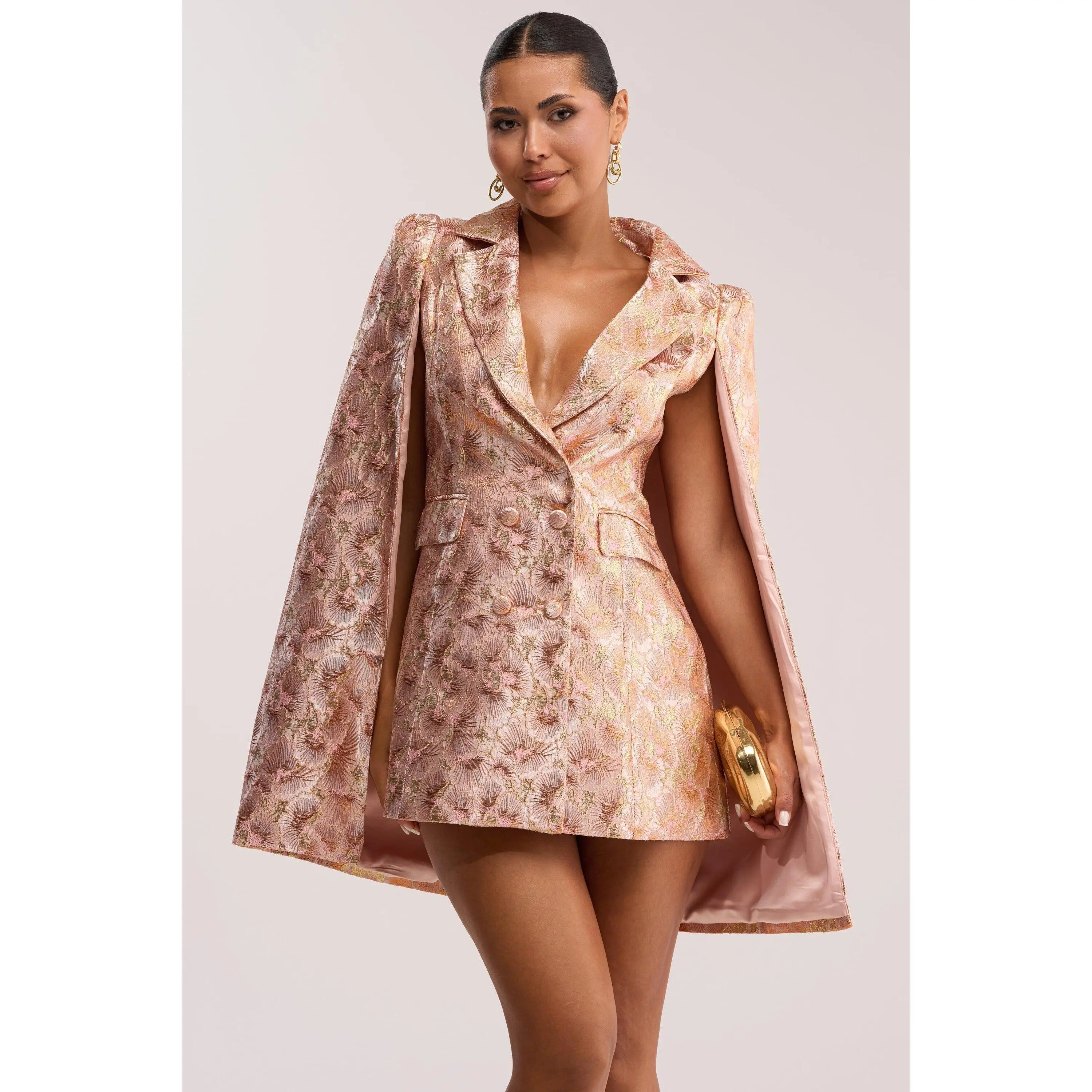 IMANI BROCADE CAPE SLEEVE BLAZER DRESS IN ORANGE