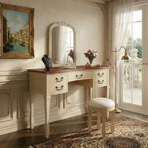 Aobtkel®46"  Vintage Makeup Vanity with  Curved Flower Frame Mirror, Elegant Dressing Table with 5 Drawers and Leather Stool, Vanity Desk with Solid Wood Legs and Antique Handles for Bedroom