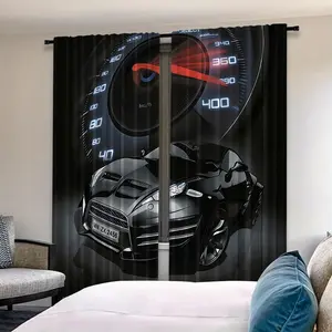2 Piece Sheer Printed Curtains with Car and Speedometer Pattern, Rod Pocket Design, Half-Transparent Privacy Curtains for Bedroom Living Room Kitchen Closet Study Home Decor
