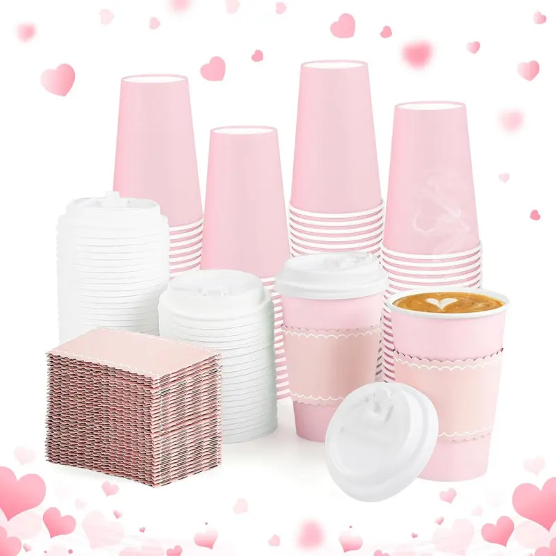 60 Pack Pink Coffee Cup with Lids Sleeves, 12oz Insulated To Go Paper Cups Pink Party Cups Disposable Paper Cups, Drinking Cup for New Year Anniversay Valentine's Wedding Birthday Baby Shower Party 2026valentine's day decor