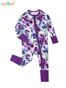 JUNBLEBABY Unisex Corduroy Baby 1-Piece Play Suit - Purple Large Floral Print, Double Zippers, Reversible Footed Cover, Bamboo Fiber Soft Breathable Fabric, Long-Sleeved Zipper Bodysuit, Baby Items, Long Sleeve