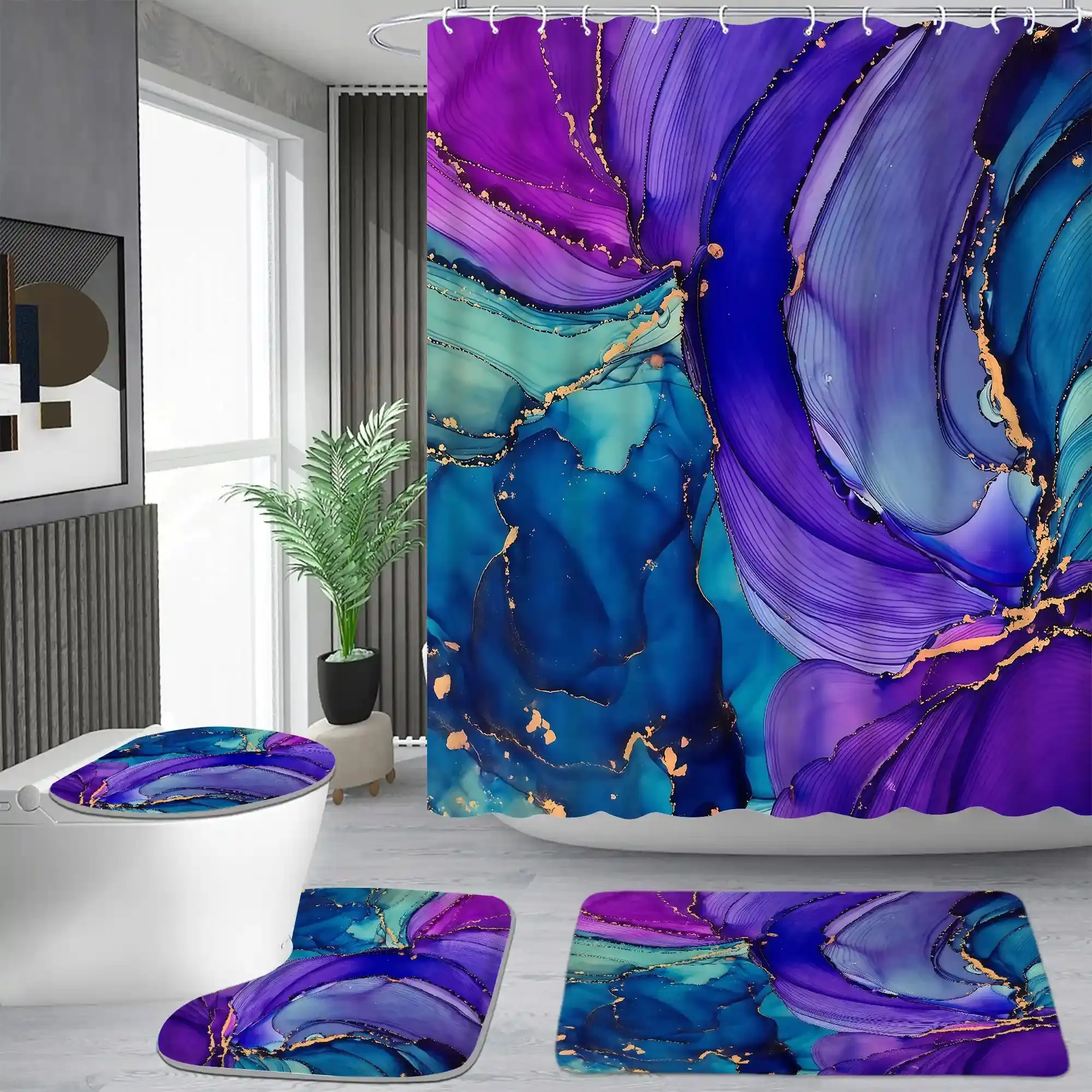 Purple and blue gilt fluid art pattern shower curtain set, waterproof shower curtain with 12 hooks, non-slip bathroom carpet, toilet U-shaped cushion, toilet seat cover cushion, bathroom shower curtain set, perfect moving gift.