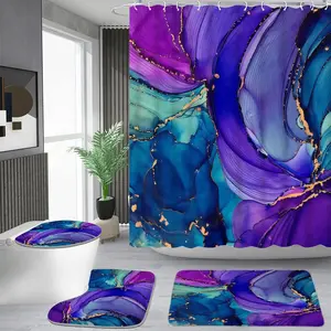 1/4 piece purple and blue gilt fluid art pattern shower curtain set, waterproof shower curtain with 12 hooks, non-slip bathroom carpet, toilet U-shaped cushion, toilet seat cover cushion, bathroom shower curtain set, perfect moving gift.