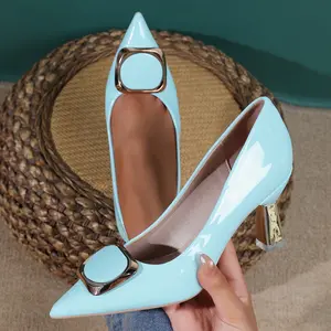 Women's Pointed Chunky Heels Comfortable Closed Toe Dress Shoes Wedding Party Casual Ankle Strap Pumps Stylish Elegant Blue Heeled Footwear