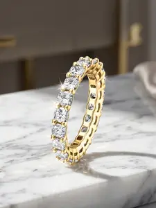 14K Gold Plated Women's Eternity Ring, with a copper base paired with pillow-cut cubic zirconia diamonds, hypoallergenic and stackable wedding ring, elegant daily/party jewelry #Perfect Gift for Her# Non-fading