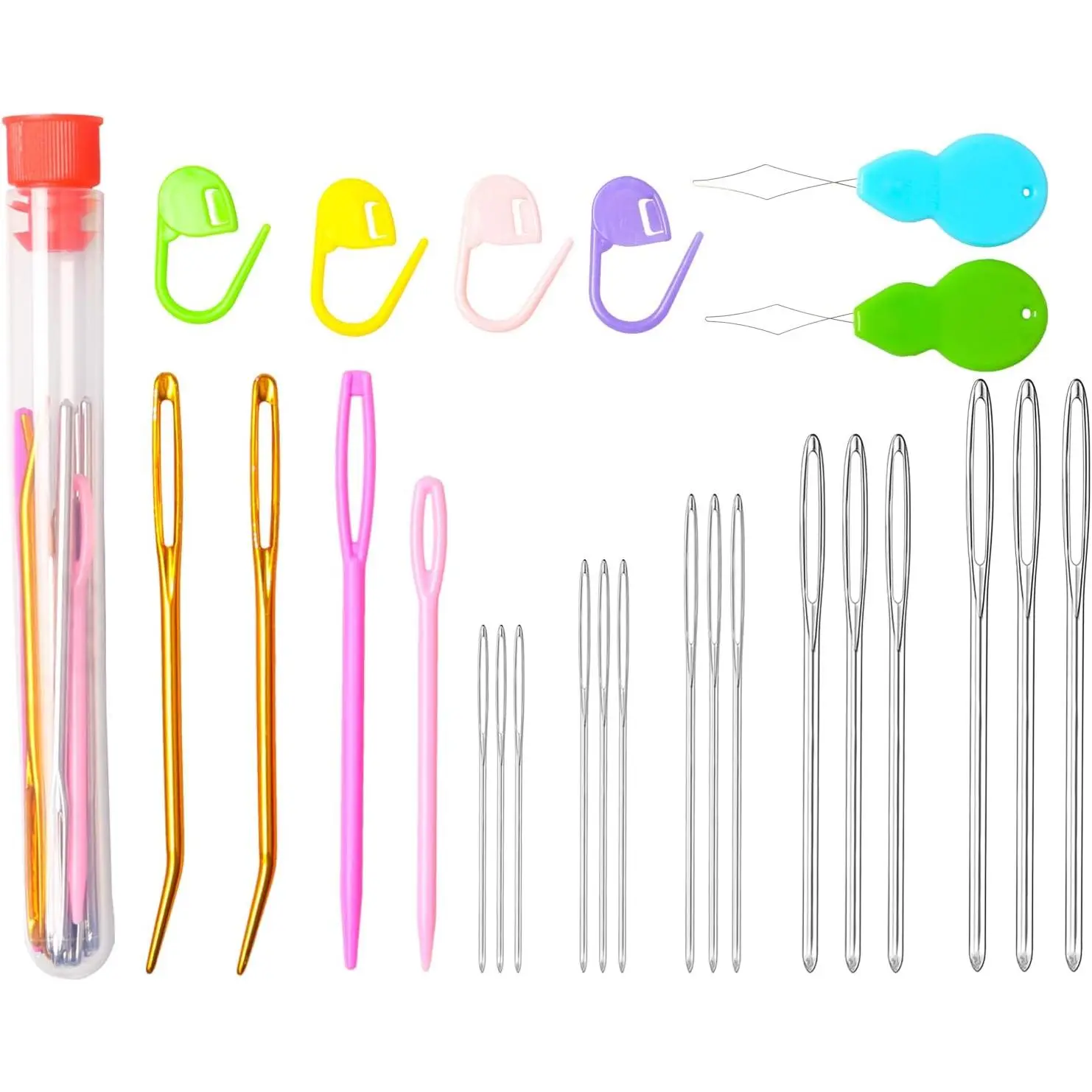 25 count Large Eye Blunt Yarn  kit, Assorted Sizes Bent Tapestry Darning , Sewing  with  Threaders & Stitch Markers for Knitting Crochet (Red)