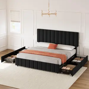 Queen Size Bed Frame with 4 Storage Drawers, Linen Upholstered Platform Bed Frame, Adjustable Height Headboard, No Box Spring Needed, Easy to Assembly, Black