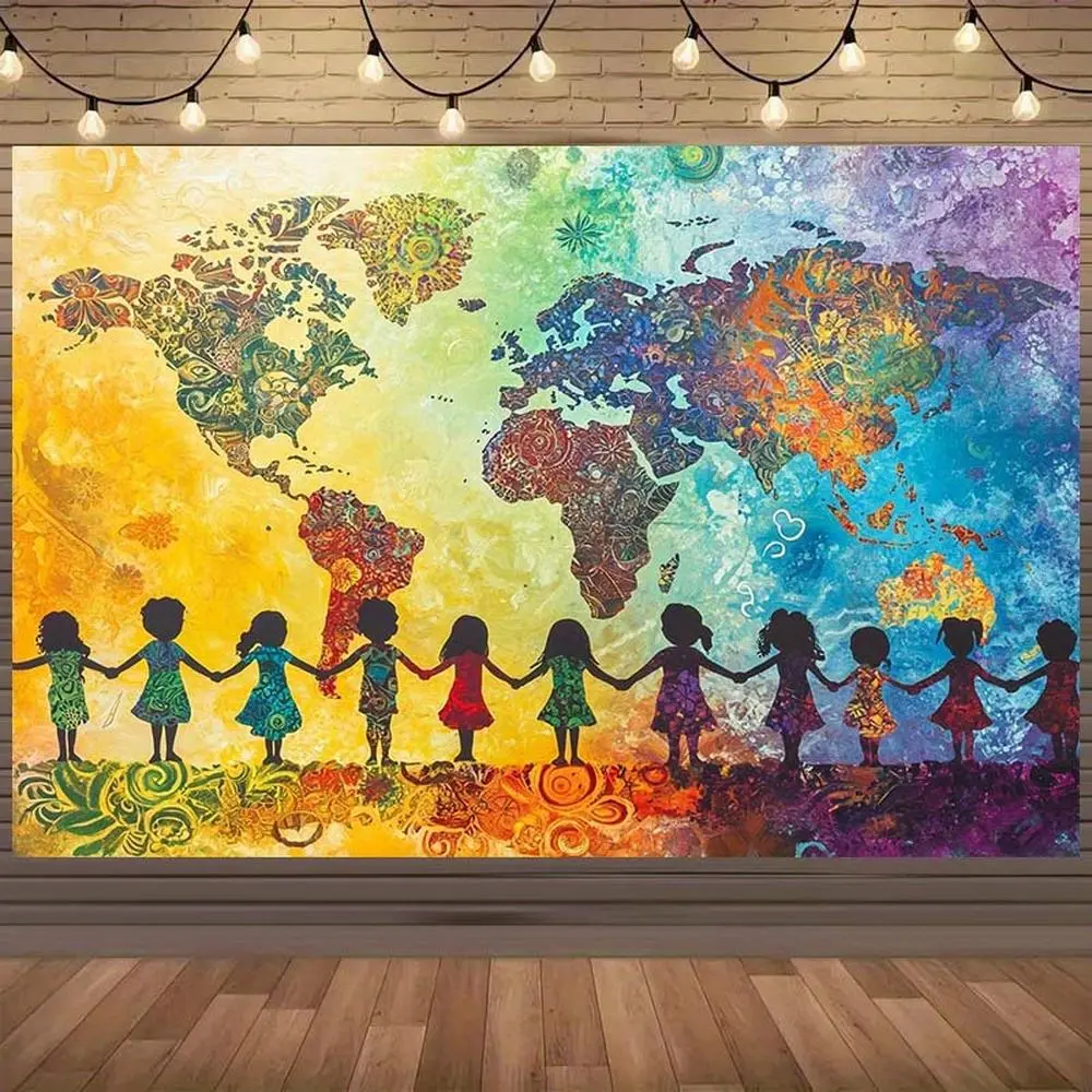 1-Piece 2D Flat World Map Kids Backdrop - Children Theme Cloth Tapestry, Party Decor, Indoor Wall Art for Bedroom & Living Room (With Children Holding Hands Design)