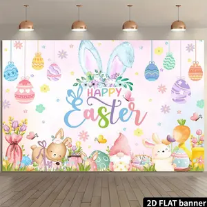 2D Flat 43.3*70.9 Inch Happy Easter Background Cloth, Colorful Spring Party Decoration Banner, Eggs, Rabbits, Flowers, Photography Background, Happy Easter Banner, Photo Props