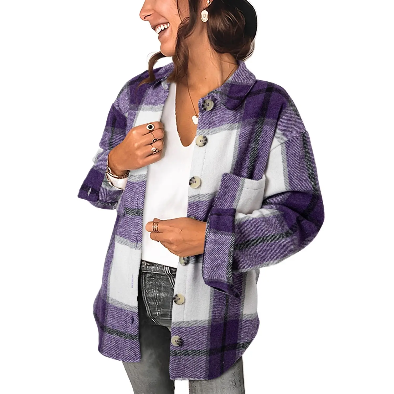 Women's Purple Plaid Color Block Long Sleeve Coat - Casual Buttoned Shift Outfit, Comfortable Print Top for Daily Wear