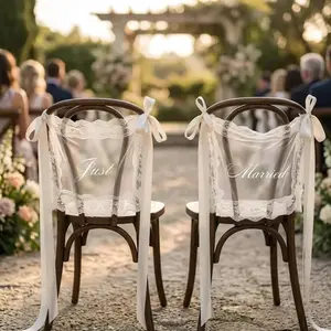 Just Married Lace Chair Sashes, Set of 2 Romantic Fabric Wedding Chair Decorations with Ribbon, Bride and Groom Chair Back Banners for Wedding Ceremony, Reception Sweetheart Table & Bridal Shower
