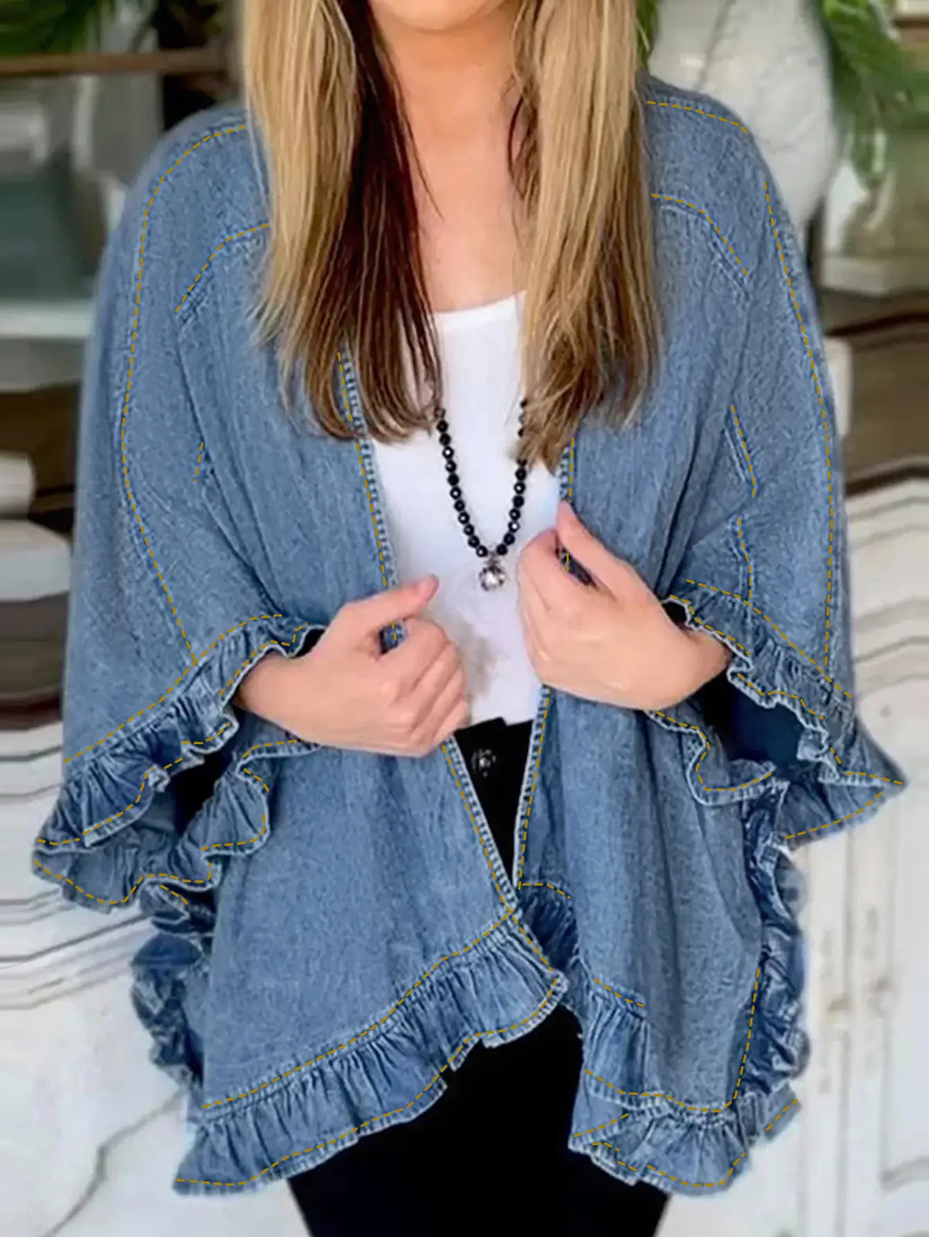 Women's Loose-Fitting Open-Front Ruffled Denim Cardigan - Boho Kimono Clothes Piece with Flare Sleeves, Soft Viscose Cotton Polyester Blend, Lady, Casual, Button-Free, Oversized, Tanks, Cape, Long Sleeve, Versatile Open-Front Design