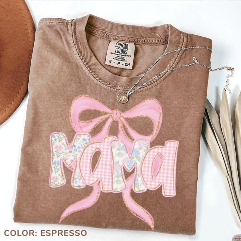 Comfort Colors Floral Mama Shirt, Spring Tee, Trendy Mom T-Shirt, Women's Flower Mama Shirt, Pregnancy Reveal Gift, Blue Pink Bow Shirt for Mom