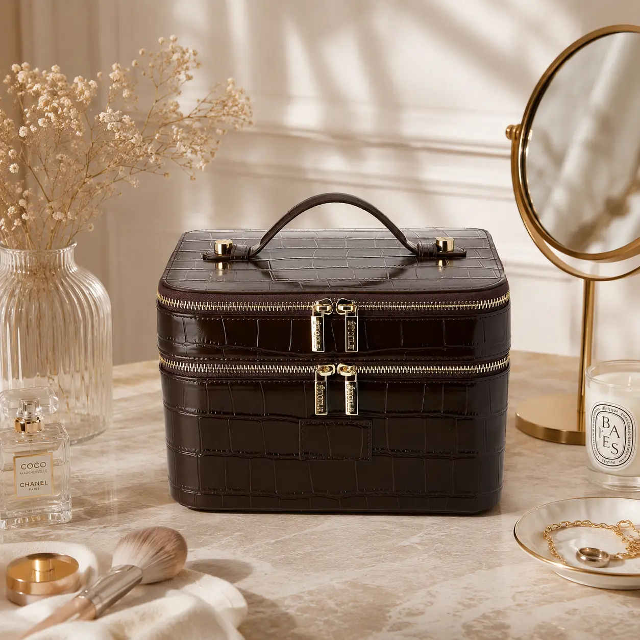 ETOILE COLLECTIVE x RVV Duo Cosmetic Vanity Case, Espresso Croc Texture Travel Luggage Accessory