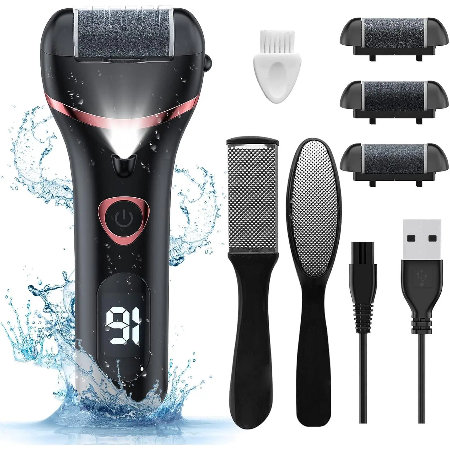 Electric Foot Callus Remover, Rechargeable Portable Electronic Foot File Pedicure Kits, Waterproof Foot Scrubber File, Professional Pedicure Tools, Foot Care for Dead Skin Ideal Gift, 3 Rollers