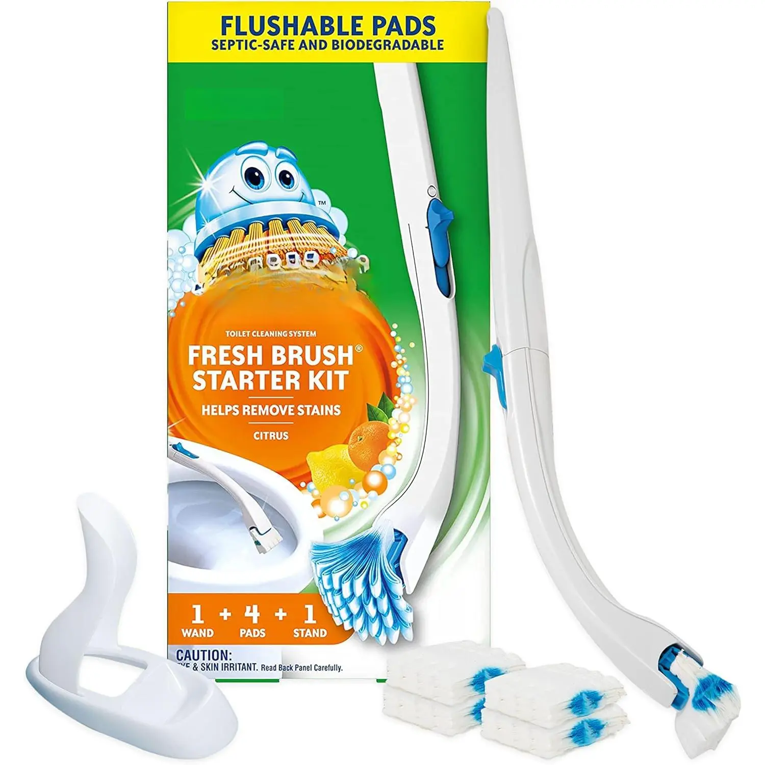 Bubbles Toilet Bowl Brush and Holder with Cleaner Refill Pads, Fresh Brush Toilet Wand Starter Kit, Cleans Limescale & Fights Odors, Citrus Scent, 1 Wand + 4 Refills + 1 Stand