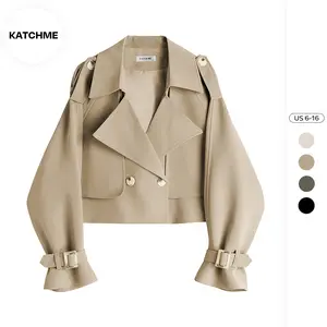 KatchMe Women's Classy Solid Color Wide Lapel Collar Double Breasted Cropped Jacket,Outerwear Jacket for Fall & Winter,Blazer Women,Commuter Outfits