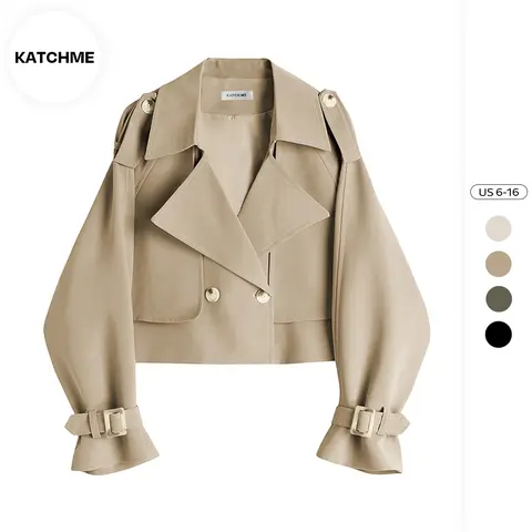 KatchMe Women's Classy Solid Color Wide Lapel Collar Double Breasted Cropped Jacket,Outerwear Jacket for Fall & Winter,Blazer Women,Commuter Outfits