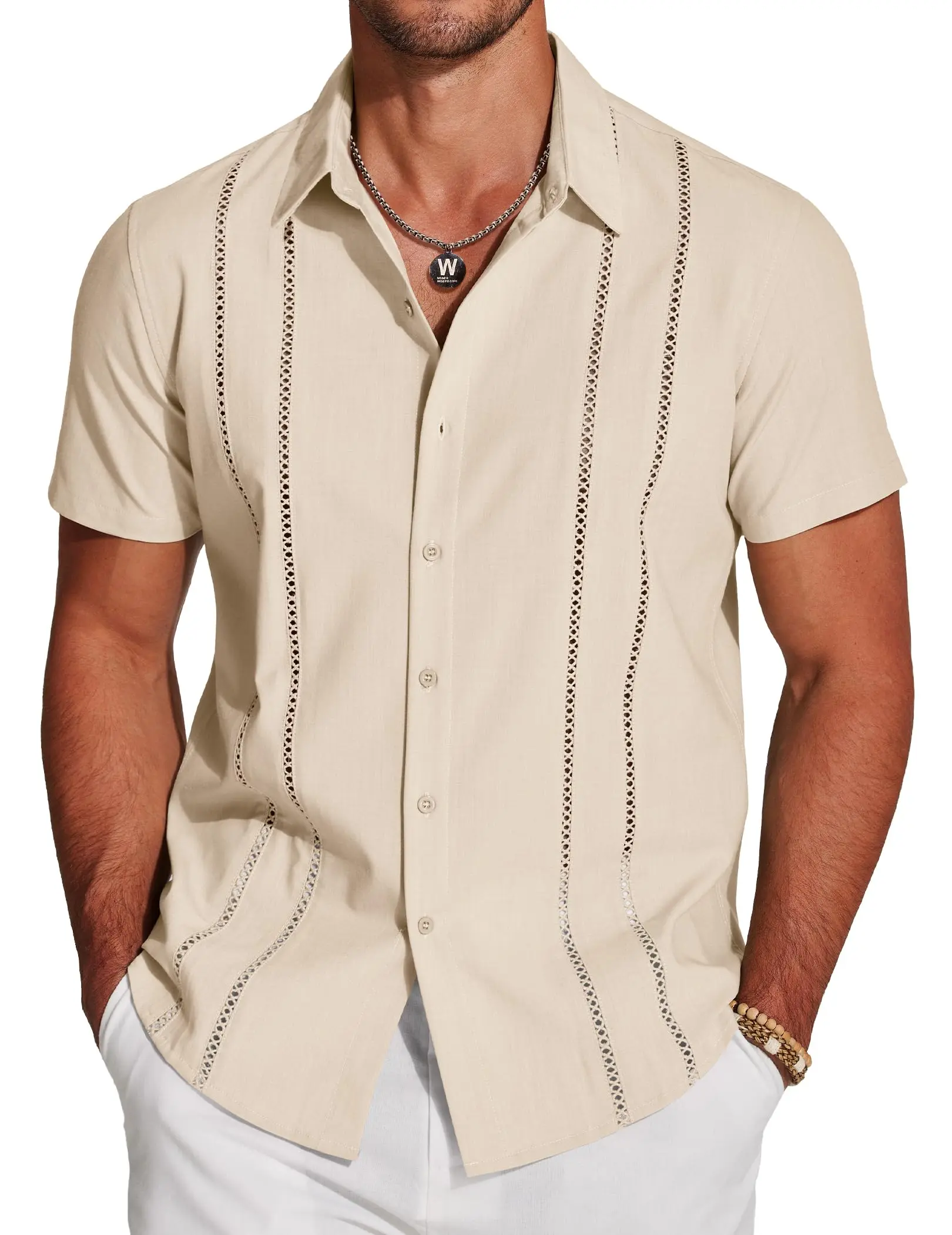 COOFANDY Men's Cuban Guayabera Shirt Short Sleeve V-Neck Button Down Casual Summer Beach Linen Top Fitted Breathable Soft Fabric