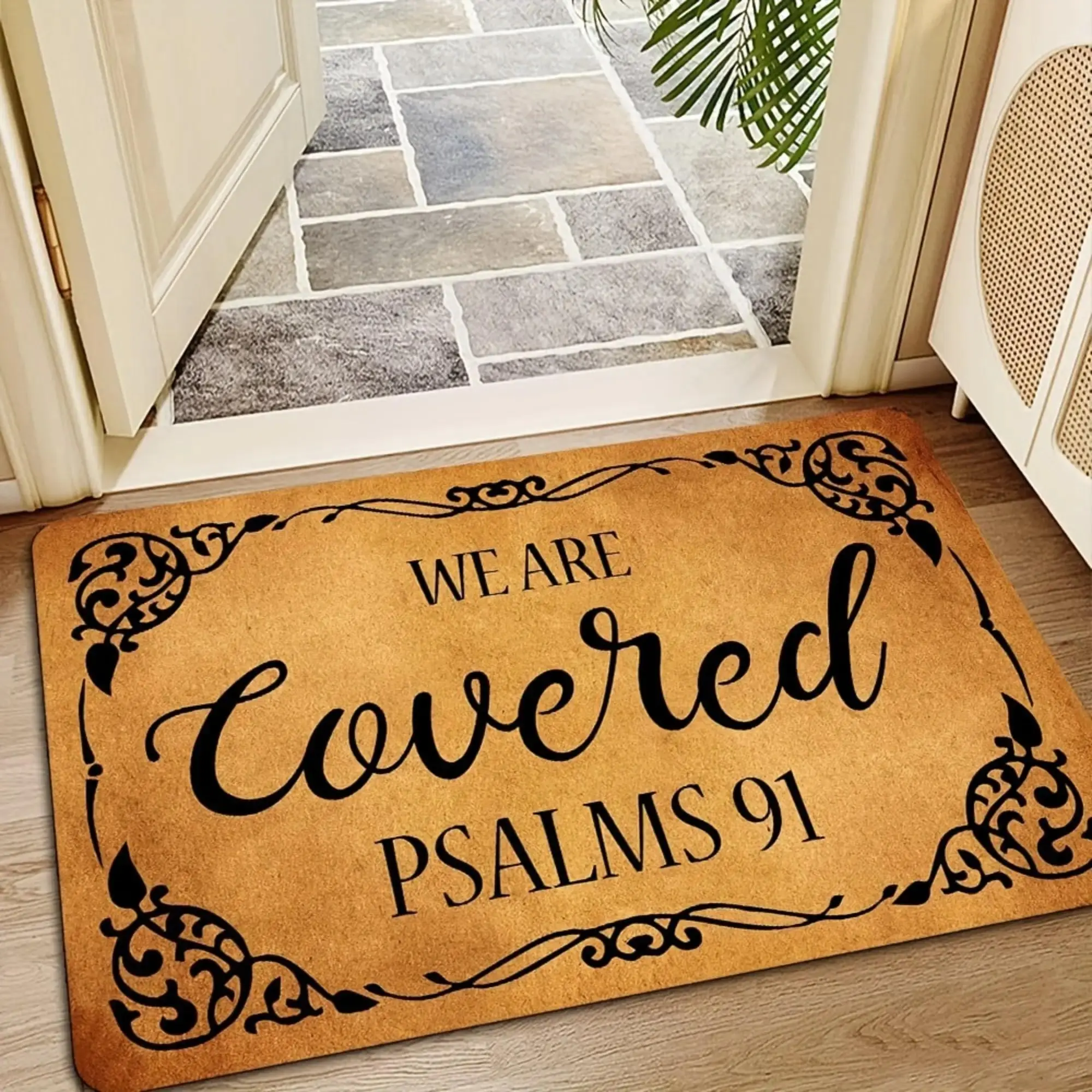 Christian Vintage Ornate Border Doormat with "We Are Covered Psalms 91" Design, Anti-Slip Backing, Faith-Inspirational Decor for Indoor Entryway Porch, Housewarming Home Gift, Indoor-Outdoor Rug