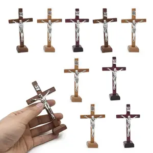 10pcs Wooden Cross Ornament Tabletop Ornaments Standing Crucifix Cross Decoration Churches Wood Cross with Stand Crafts