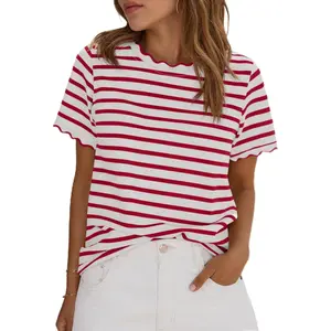 Tankaneo Womens Short Sleeve Striped Tshirts Summer Color Block Scalloped Tops Trendy Casual Basic Tee Shirts