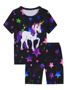 Girls' Unicorn Print Pyjama Set, Short Sleeve Shorts, Casual Comfortable Homewear, Fitted Design, All Seasons, Perfect for Daily Wear