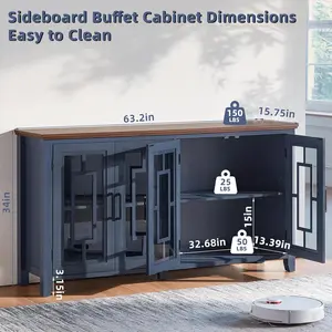 Large Sideboard Buffet Cabinet with Storage, 63" Farmhouse Navy Blue Kitchen Coffee Wine Bar Cabinet with 4 Glass Doors, Mid Century Modern Wood Side Board Table for Dining Room, Living Room