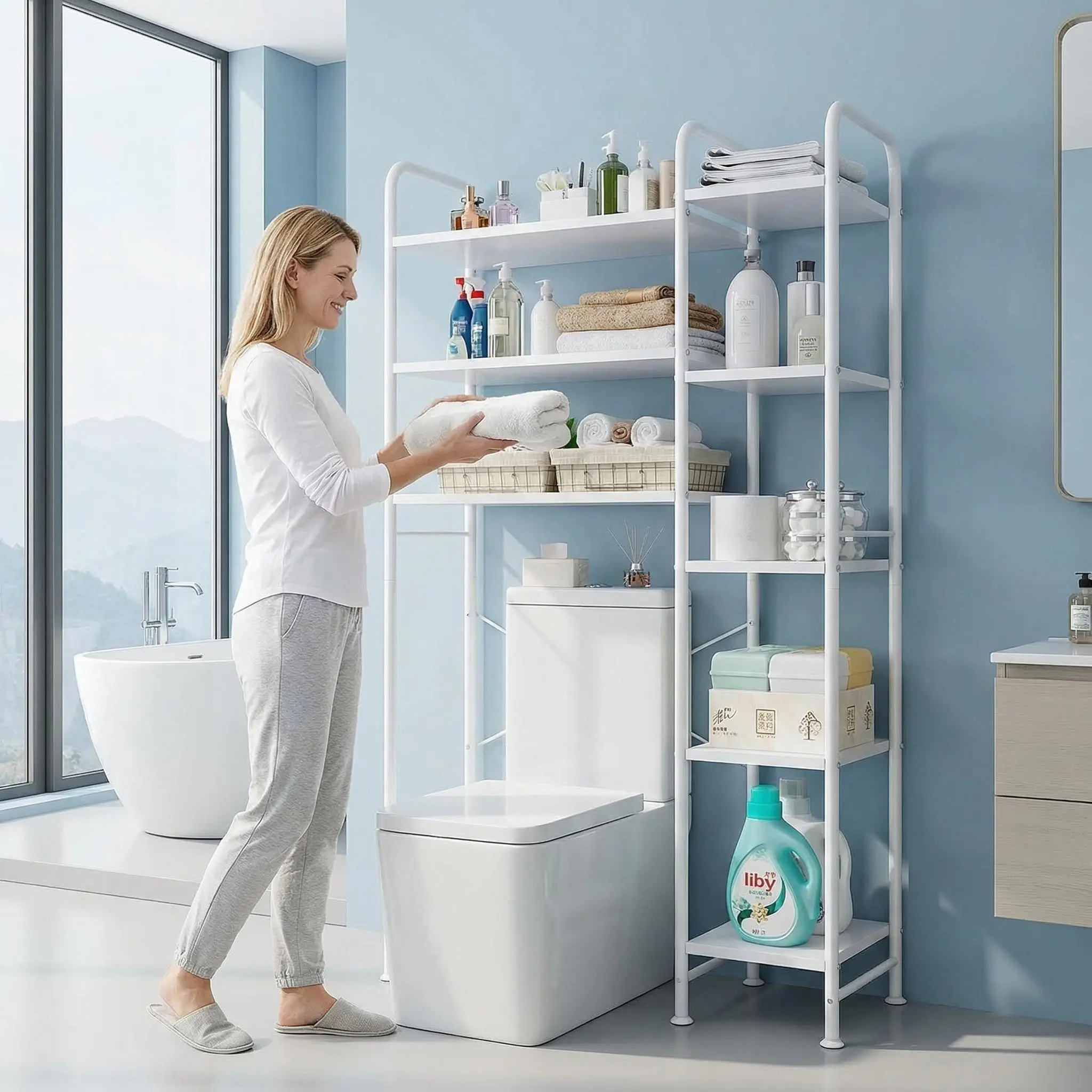 SUOERNUO Freestanding Over-The-Toilet Storage Shelf, Metal Waterproof Bathroom Organizer & Accessory with Multifunctional Rack, Scratchsafe ft, Doubles as Plant Stand, Space Saver Solutions for Home