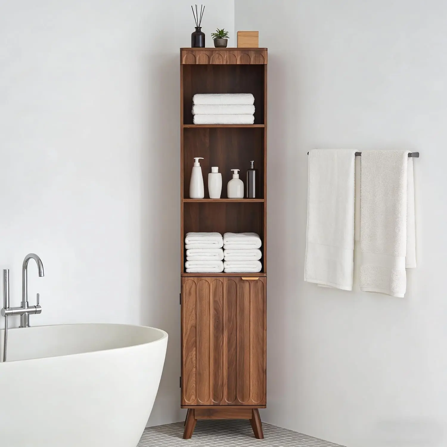 FurSch 71" Tall Slim Bathroom Storage Cabinet with Door, Fluted Wooden Linen Tower with Adjustable Shelves & Open Display Storage, Modern Space-Saving Organizer for Bathroom Living Room Kitchen