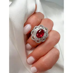 Luxury Oval Cut Ruby Halo Sterling Silver Ring, Size 6.5